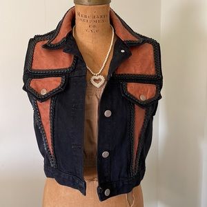🏷 vintage denim braided leather boho two toned vest